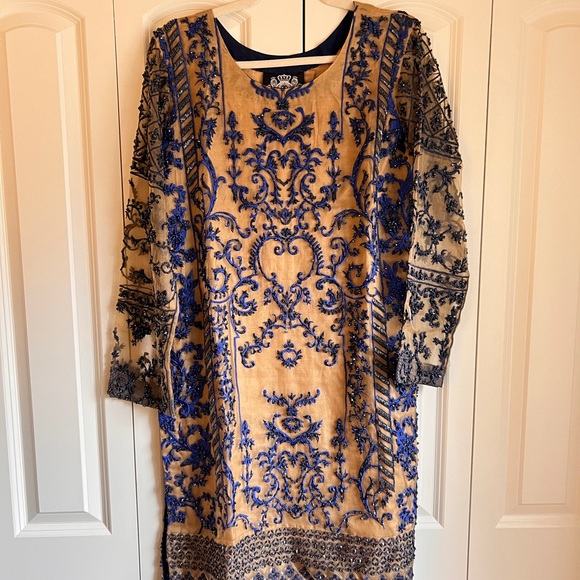 HSY by Hassan Shehreyar Yasin Gold Navy Blue Heavy Formal 3-Piece Size S - Picture 2 of 9